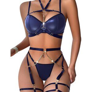 🆕Women Blue Sexy Pu Leather Strappy Underwire Garter Belt Lingerie Set